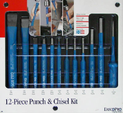 Features 12 Piece Punch and Chisel Kit. Contains 6 Pin Punches In Sizes 0.06 in. 0.12 in. 0.61 in. 0.43 in. 0.25 in. 0.31 in. 3 Cold Chisels In Sizes 0.31 in. 0.62 in. and 0.75 in. and 1 Each 0.38 in. Prick Punch, 0.25 in. Center Punch and 7 in. Long Scratch Awl. The Cold Chisels Feature The Target head Design To Reduce Spalling and Mushrooming. Dimension - 11.5 L x 9.75 W x 1.25 H in. Item Weight - 2.55 lbs.