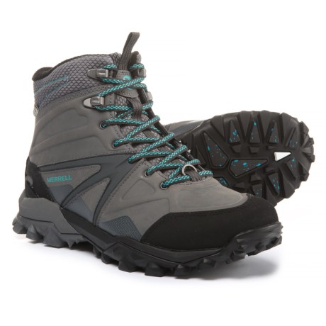 CLOSEOUTS . Merrelland#39;s Capra Glacial Ice  hiking boots make sure you stay on your feet -- even when the ground is slick and icy -- thanks to a grippy Vibramand#174; Arctic Grip outsole. A waterproof breathable membrane, cozy synthetic insulation and warm fleece lining ensure your feet stay comfortable and dry regardless of the weather. Available Colors: CHARCOAL/GREY. Sizes: 5, 5.5, 6, 6.5, 7, 7.5, 8, 8.5, 9, 9.5, 10, 10.5, 11.