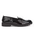 Women's patent leather loafers from Kickers with patent leather uppers and trademark rubber soles. The 'Lachly' shoes showcase classic loafer styling with stitched detail to the toe and keyhole strap to the vamp. Complete with iconic green and red flag branding.  Upper: Patent Leather. Sole: Rubber.