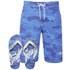 Men?s ?Carve? board shorts and flip flops from Smith & Jones with an all over blue camo pattern. Fastened with an elasticated waistband with adjustable drawstrings, the knee-length swim shorts feature two side pockets, a single rear pocket with Velcro fastening and contrast white stripe detail to the sides. The matching camouflage flip flops feature a classic white toe thong design while the textured foot bed is finished with signature white branding. ? A.D.  Shorts: Polyester. Flip Flops: Rubber.