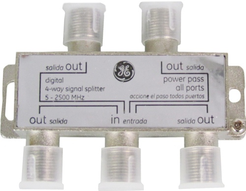 The GE 030878382861 4-Way Digital Coax Splitter provides optimal performance in distributing a single cable or satellite signal for viewing on multiple TV's or to multiple devices