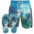 Men?s ?Kokomo? board shorts and flip flops from Smith & Jones with an all over, tropical palm tree print. Fastened with an elasticated waistband with adjustable drawstrings, the knee-length swim shorts feature two side pockets, a single rear pocket with Velcro fastening and contrast panel detail to the sides. The matching blue flip flops feature a classic black toe thong design and the textured foot bed is finished with signature white branding. ? A.D.  Shorts: Polyester. Flip Flops: Rubber.