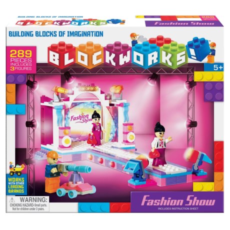 CLOSEOUTS . Your fashionista will love playing with this Blockworks Fashion Show set. It boasts more than 280 pieces for use in building a fashion runway, spotlights, camera and more, and includes three figurines. Available Colors: SEE PHOTO.