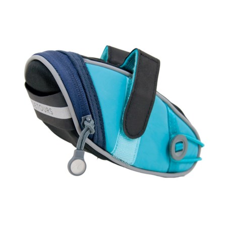 CLOSEOUTS . Keep the bike repair basics in this Detours Wedgie seat bag. This bag attaches to the rails of your seat with touch-fasten straps, and the zip compartment has room for tire irons, a tube and a CO2 cartridge. Available Colors: BLACK COATED, BLACK NYLON, YELLOW, PURPLE, TEAL, GRAY, RED, ORANGE.
