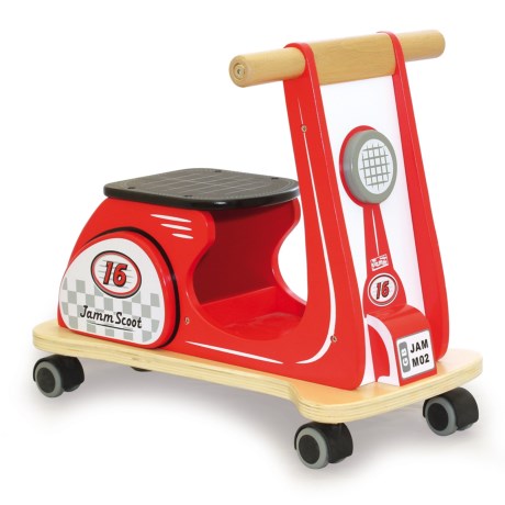 CLOSEOUTS . Crafted from wood for durability that holds up to even the roughest play, this indigo Jamm Jamm Scoot Red Racer toy will keep your little one entertained and help develop fine motor skills. Available Colors: RED.