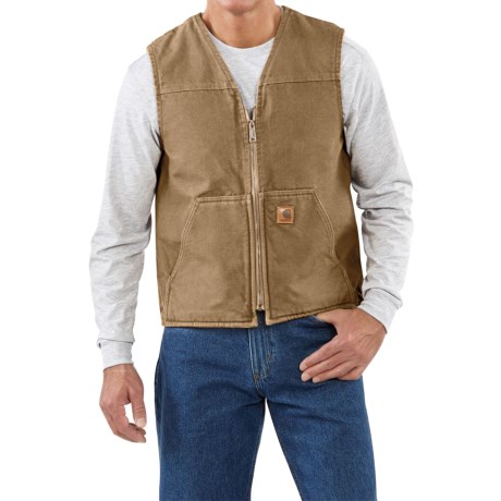 2NDS . Beat the cold with this warm Carhartt Sandstone Sherpa pile-lined vest. Available Colors: BLACK, CAMEL, LIGHT OLIVE, 06, DARK BROWN, WALNUT, MIDNIGHT, MARSH, WORN BROWN, ARMY GREEN, FRONTIER BROWN, GRAVEL, MOSS, PORT. Sizes: L, S, 2XL, 3XL, M, XL, 4XL.