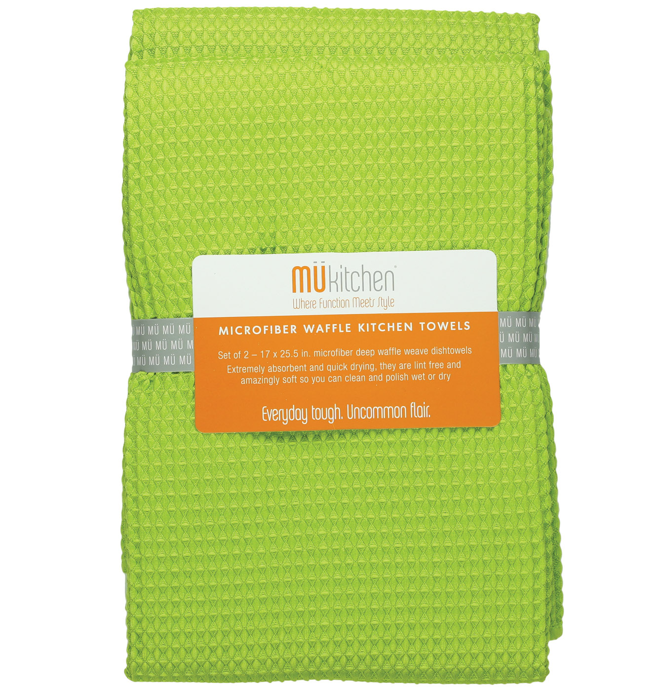 The beautiful MU kitchen waffle microfiber dishcloth set is made from a revolutionary microfiber, a specially designed cloth that is woven in a unique pattern from polyester fibers that create tiny scoops that suck up dirt and attract micro-particles. Microfiber is softer than silk and stronger than cotton. The cloth is so well crafted, it renders harsh cleaning chemicals entirely unnecessary. Product Features Set of 2 - 17 x 25 in. towels Waffle microfiber Extremely absorbent and quick drying