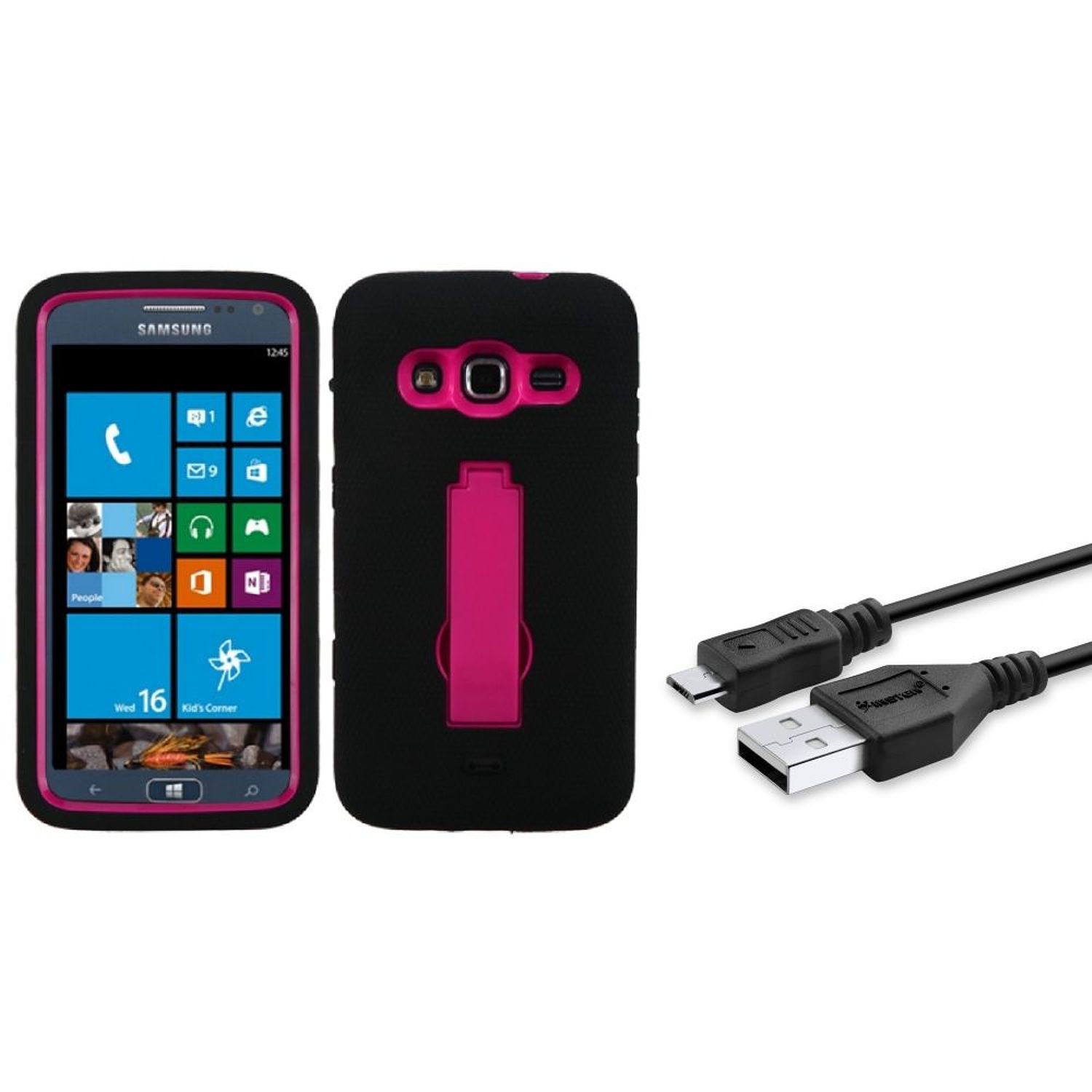 Compatible WithSamsung Ativ S Neo Package IncludesSymbiosis Dual Layer Hybrid Stand Rubber Silicone/PC Case x 13.6-feet USB Data / Charging Cable (Micro USB) x 1 Item DescriptionSymbiosis Dual Layer Hybrid Stand Rubber Silicone/PC CaseKeep your device safe and protected in style. Color: Black/Hot PinkMaterial: Silicone/Hard PlasticDouble-layered cover provides shock-absorption protection from drops and falls. Built-in stand props devices for easy video and slideshow viewing. Encases the corners and