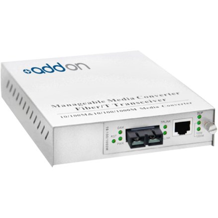 ADD-MFMC-FX-SC is a One to One Managed Media Converter that converts a 100Base-TX(RJ45) to 100Base-FX(SC) via a 1310nm multi-mode fiber (MMF) SC connector, which allows distance reach up to 2km. ADD-MFMC-FX-SC provides a cost effective conversion from 100Base Copper to 100Base-FX fiber, while extending the network reach beyond the 100m reach limitation of copper. AddOn's One to One type manageable media converters are independent standalone systems that do not require a centralized, or unified