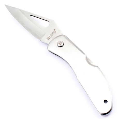CLOSEOUTS . Sleek and lightweight, this Ruko plain edge pocket knife     has both its handle and plain edge blade done in 440A stainless steel to resist rust, stains and corrosion. Available Colors: SILVER.