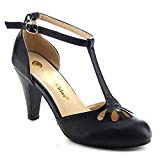 Chase & Chloe Kimmy-36 Women's Teardrop Cut Out T-Strap Mid Heel Dress Pumps (10, Black PU)