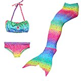 LILYFUN 3PCS Girls Mermaid Tail Swimsuit for Swimming Bikini Princess Dress Up Can Add MonoFins (Child L/7-8, jewelrainbow)