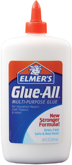 XACTO/ELMERS-Glue All Multi Purpose Glue. Bonds strong for all your needs. Bonds most porous materials such as paper and cloth and semi porous materials such as wood and pottery. Dries strong and clear. Elmers Glue All is adjustable before dry; is non-toxic and cleans up easily with soap and water. This package contains one 16oz/473ml bottle with a self-cleaning top. Imported.