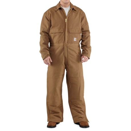 CLOSEOUTS . As durable and warm as they are protective, Carharttand#39;s Flame-Resistant Duck coveralls provide increased protection against electric arc flash and flash fire exposure. Premium 13-ounce cotton duck is fortified with an array of fire-resistant elements, including quilted lining, Nomexand#174; zipper tape and inner cuffs, snaps and more. Available Colors: CARHARTT BROWN, ROYAL. Sizes: M, L, XL, 2XL, S.