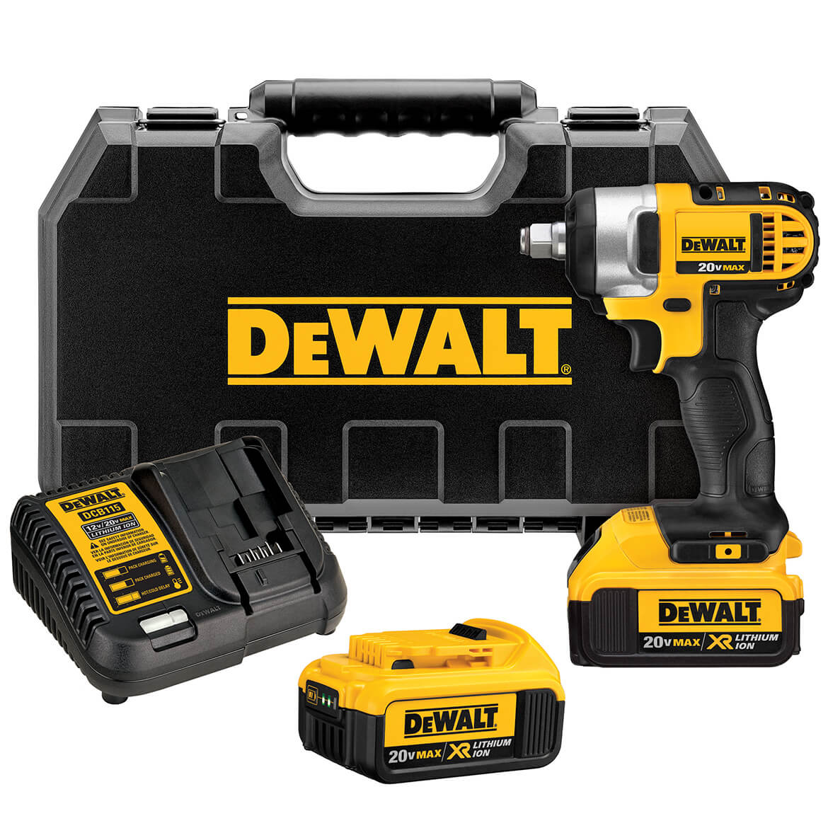 The DEWALT DCF880HM2 20v MAX* Lithium Ion 1/2-inch Impact Wrench Kit features a compact (5. 70" front to back), lightweight (3. 4 lbs) design that fits into all kinds of tight areas. It has three (3) LED lights with 20 second delay after trigger release, that helps to provide visibility without shadows. Also features a hog ring anvil to easily change sockets. Drive size = 1/2-inch square drive. The textured anti-slip comfort grip provides maximum comfort and control for the user. Powered by a