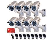 VideoSecu 8 Pack Outdoor Indoor Weatherproof Security Camera 1/3" Pixim DPS WDR Infrared Day Night 690TVL High Resolution IR 48 LEDs OSD Varifocal 6-15mm with 8 Power Supply CCTV Surveillance WSE Color: Silver Camera Type: Day/Night Camera Type: Infrared Camera Sensor: 1/3" Pixim, DPS, WDR Lens Type: varifocal f 6-15mm (external zoom focus adjusting) Night Vision: Yes Power: DC 12V Features: â€¢ Image sensor: 1/3" Pixim, DPS, WDR â€¢ Horizontal resolution: 690 TV Line â€¢ Lens: varifocal f 6-15mm (external zoom focus adjusting) â€¢ IR Illuminators: 48 LEDs â€¢ Super WDR operation ensures brilliant image quality under any light environment â€¢ Built-in mechanical IR-Cut filter switch â€¢ OSD (On Screen Display) function menu control buttons make more convenience using â€¢ Weatherproof metal casing for indoor and outdoor applications â€¢ Cable management design: concealed wiring inside of bracket to protect the camera from vandalism