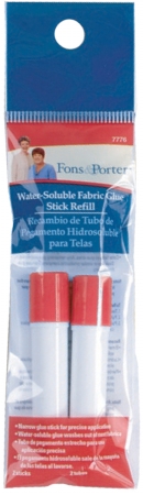 FONS & PORTER-2 water-soluble fabric glue stick refill. Narrow glue stick for precise application. Water-soluble glue washes out of most fabrics. Blue air-soluble ink shows where glue has been applied. Color fades as glue dries.