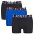 Men's 3 pack boxers from Jack & Jones. Crafted from stretch jersey, the fitted trunks feature branded, elasticated waistbands and flatlock stitching for comfort. Features two black pairs and one blue pair.  95% Cotton, 5% Elastane