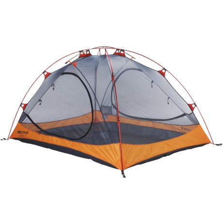 CLOSEOUTS . Dependable and easy to set up, Marmot&#39;s Ajax 3 tent minimizes weight by keeping things simple yet highly functional. Mesh panels provide optimal ventilation and a Catenary Cut floor lifts seams off the ground for full waterproof protection in nasty weather. Available Colors: PALE PUMPKIN/TERRACOTTA, FIRE/BRICK.