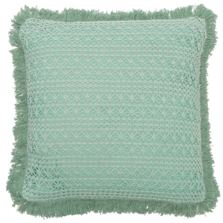 CLOSEOUTS . Inject a pop of personality into any living space with EnVogueand#39;s Sakai knit and lace throw pillow. The cotton cover boasts an intricate lace-knit overlay at the front and back, is filled with fluffy feathers and completes the stylish look with fringed edges. Available Colors: SEAFOAM.