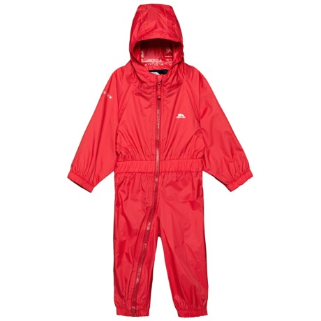 CLOSEOUTS . Protect your little one from wet weather with this Trespass Button rain suit, a full-body suit with a lengthy zipper that makes it easier to get on and off -- especially when wet! Available Colors: COBALT, GERBERA, NAVY BLUE, SIGNAL RED. Sizes: 6/12, 12/18, 18/24.