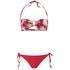 Women's bikini by South Beach crafted from stretch fabric. The set comprises a softly padded bandeau top with self-tie straps at the neck and a rear clasp fasten and side-tie bikini bottoms, both featuring ruched detail. The floral print top is accentuated with gold toned bars and three gems to the front. E.N.