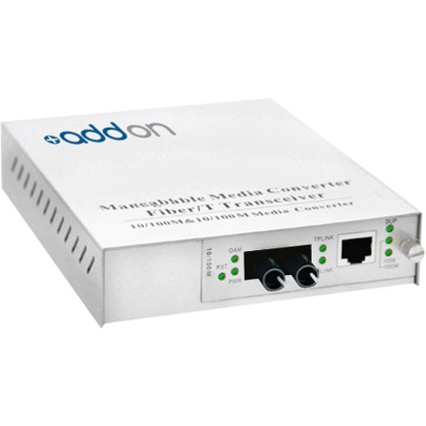 ADD-MFMC-FX-ST is a One to One Managed Media Converter that converts a 100Base-TX(RJ45) to 100Base-FX(ST) via a 1310nm multi-mode fiber (MMF) ST connector, which allows distance reach up to 2km. ADD-MFMC-FX-ST provides a cost effective conversion from 100Base Copper to 100Base-FX fiber, while extending the network reach beyond the 100m reach limitation of copper. AddOn's One to One type manageable media converters are independent standalone systems that do not require a centralized, or unified