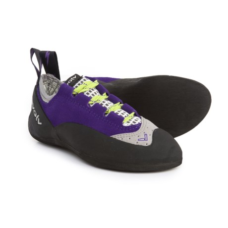 CLOSEOUTS . With an unlined front for precision, and supportive foam padding at the side and heel, Evolvand#39;s Nikita Lace climbing shoe is just what your budding climber needs for building confidence on gym walls and outdoors climbs. Available Colors: PURPLE/GREY. Sizes: 4, 4.5.