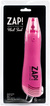 AMERICAN CRAFTS-ZAP! Heat Gun. Effective for applying directional heat to any craft project. Includes a built-in stand for easy table-top use. 320 Watts 3 Amps 120V. Temperature 650F/350C degrees. UL listed. Gun measures 8-1/2x2in. Imported.
