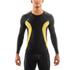 The brand new Skins DNAmic range is defined by its meticulous, scientific approach to sports clothing that has been purposefully engineered for performance and competition.  The men?s DNAmic long sleeve top features Skins? industry-leading Dynamic Gradient Compression, offering a performance-enhancing fit based on your BMI that provides greater muscle stability and support. Crafted from three technical fabrics with a warp-knit construction for optimal compression, the long sleeve top comprises strategically placed stretch airflow mesh panels for greater breathability, internal silicone gripper that helps prevent the top from riding up, and long raglan sleeves for freedom of movement.  A new panelled construction and an improved neckline give longer-lasting comfort, and the DNAmic long sleeve compression top is complete with contrasting yellow accents and signature printed Skins branding.Features:    Skins DNAmic men?s long sleeve compression top  Dynamic Gradient Compression gives a performance-enhancing fit that increases oxygen delivery to active muscles and reduces the build-up of lactic acid  Crafted from three technical fabrics with a warp-knit compression construction  Stretch airflow mesh panels  Internal silicone gripper  Panelled construction and improved neckline for enhanced comfort  Technically advanced fabric naturally wicks moisture away from the skin  50  UV Protection