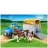 The Playmobil SUV with Horse Trailer has a horse box which is transported by the SUV, complete with removable roof for ease of access.  There is a ramp at the back to allow easy unloading of the horse from the horse  box.  Includes 1 Playmobil horse rider, with her champion horse.