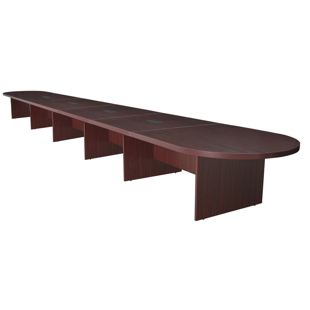 Make presentations memorable with Legacy's Conference collection! Legacy's patented modular conference tables grow with the size of your team. Measuring 24 feet long, this racetrack style table seats 22-24 people and is finished in a classic Mahogany laminate. Adjustable glides on the bottom of the base keep the tabletop level and are easy to adjust. Four Power and Data Ports makes tabletop connectivity easy. Each Power/Data port includes (2) USB 2.0 ports, (2) USB charging ports, (2) AC 125V
