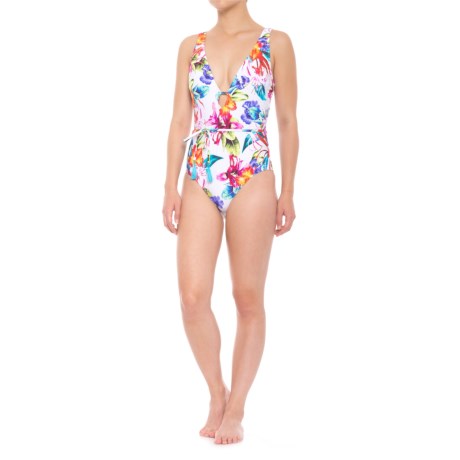 CLOSEOUTS . Get into an island frame of mind with Athenaand#39;s Tropical Trip Belted plunge maillot -- a flirty, floral one-piece that flatters from every angle. Available Colors: MULTI. Sizes: 6, 8, 10, 12, 14, 16.