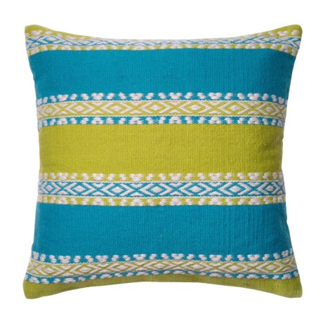 CLOSEOUTS . The vibrant colors and textural design of Loloiand#39;s Wide-Stripe indoor/outdoor throw pillow are sure to add a cheery touch to your living room or backyard patio. Available Colors: GREEN/BLUE.