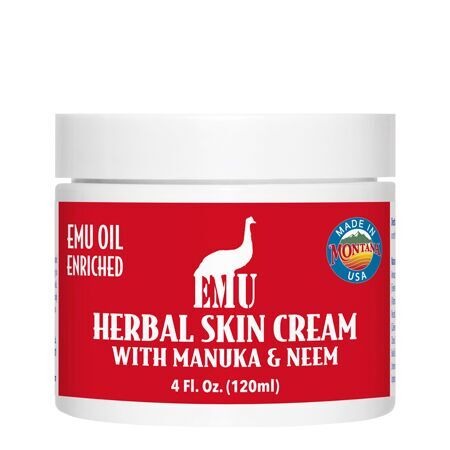 Emu Herbal Skin Cream with Manuka Neem by Montana Emu Ranch Co. 4 oz Cream Emu Herbal Skin Cream with Manuka Neem 4 oz Cream Peoduct Emu Herbal Skin Cream with Manuka and Neem is formulated with Pure Emu Oil to both deeply moisturize and for its ability to carry the benefits of botanical extracts and pure essential oils. Manuka Neem and Golden Seal enhance this super rich body cream and may help improve the appearance of problematic skin. Directions Apply directly to affected area. May be used