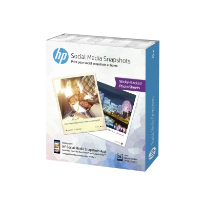 HP Social Media Snapshots - Soft-glossy - removable self-adhesive - 11 mil - 4 in x 5 in - 265 g/m² - 25 sheet(s) photo paper - for Envy 12X  5530  76XX  Photo 78XX  Officejet