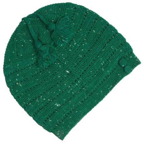 CLOSEOUTS . Contrasting flecks of color, swingy tassels and button accents add stylish, feminine touches to Outdoor Researchand#39;s Veronique beanie -- a pointelle knit topper that provides warmth and comfort on wintry days. Available Colors: CHARCOAL, ELDERBERRY, HEMLOCK. Sizes: ONE SIZE.