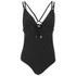 Women?s black ?Cross My Heart? one piece bikini from MINKPINK. Crafted from a comfortable stretch nylon blend, the black swimming costume is constructed with an elaborate cut out cross back with an adjustable tie fastening. Complete with tassels to the front featuring metal detailing with engraved branding. ? L.R.  80% Nylon, 20% Elastane