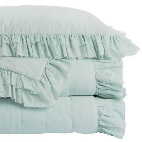 CLOSEOUTS . Melange Homeand#39;s Delilah Full-Queen quilt set is a cozy-plush puffer thatand#39;s ready to add a charming, cloud-like softness to your slumbering space; the airy cotton voile exterior is simply stunning when paired with high-loft fill. Available Colors: LIGHT BLUE. Sizes: FULL/QUEEN.