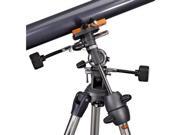 Celestron AstroMaster 70 EQ Equatorial Refractor Telescope, New w/ Equatorial Mo Type: Telescopes Specifications: Optical Design: Refractor Aperture (mm): 70 mm (2.76 in) Focal Length: 900 mm (35 in) Focal Ratio: 13 Focal Length of Eyepiece 1 (mm): 20 mm (0.79 in) Magnification of Eyepiece 1: 45 x Focal Length of Eyepiece 2 (mm): 10 mm (0.39 in) Magnification of Eyepiece 2: 90 x Finderscope: Built-on StarPointer Star Diagonal: Erect Image Diagonal - 1.25" Mount Type: CG-2 Equatorial Tripod: 1.25" steel tube legs Highest Useful Magnification: 165 x Lowest Useful Magnification: 10 x Limiting Stellar Magnitude: 11.7 Light Gathering Power (Compared to human eye): 100 x Optical Coatings: Fully Coated Optical Tube Length: 36 in (914 mm) Color: Multi Field of View: Apparent: 1.1 degree Linear (@1000 yds): 58 ft (18 m) Resolution: (Rayleigh): 1.99 arc seconds (Dawes): 1.66 arc seconds