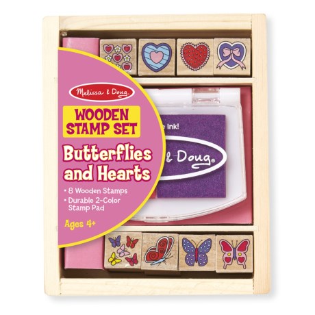 CLOSEOUTS . Your kiddos will love creating adorable designs with this Melissa andamp; Doug Butterfly and Hearts Stamp Set, complete with eight wooden stamps a two-color stamp pad in pink and purple, and a sturdy wooden organizer box. Available Colors: SEE PHOTO.