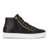 Women?s ?Nycolette-L? black leather hi-top trainers from HUGO with gold-tone zip details to either side of the lace-up fastening. Crafted with smooth black calf leather uppers, the hi-top sneakers feature a lace-up front with gold-tone metallic eyelets, a round toe, and a tonal embossed brand tab to the tongue with a subtle contrasting red detail. The ?Nycolette-L? black hi-top trainers are set on a contrasting white durable rubber outsole. ? L.R.  Upper/Lining: 100% Calf Leather. Sole: 100% Rubber.