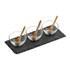 Perfect for dinner parties, the Premier Housewares Slate Tapas Set will allow you to serve and display your tapas selection in style. Made from fine crafted slate, the tray also comes with three glass bowls and bamboo spoons for easy eating, allowing each guest to have their own individual portion. - L.M.  Features:    Slate Tapas Set  1 x slate tray  3 x glass bowls  3 x bamboo spoons  Ideal for dinner parties  Dimensions: Bowls: 7.2 x 3.5cm. Spoons: 9.3cm. Tray: 25 x 10 x 0.5cm.